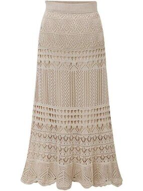Beige X-Large High Waist Crochet Hollow Out Knit Flowy Lace Maxi Skirt